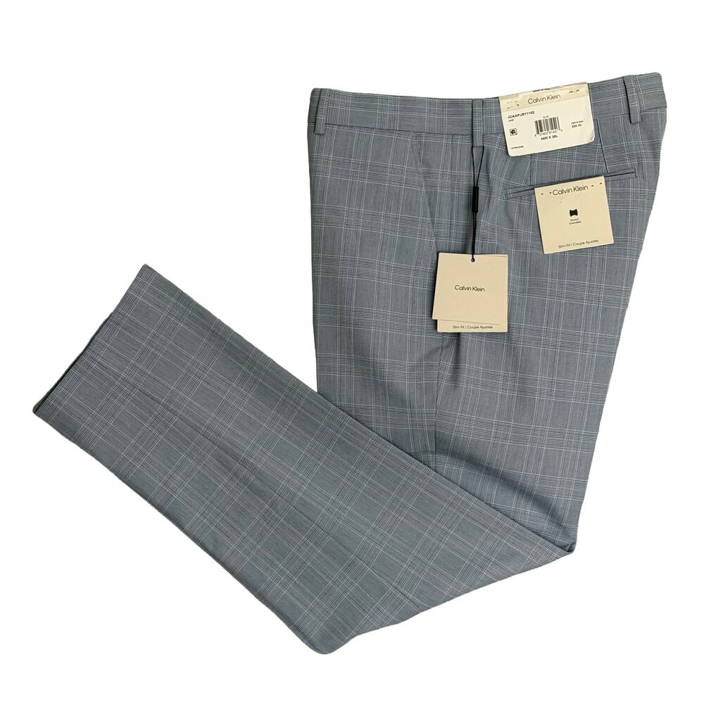 Calvin Klein Dress Pant Men's 34"x30" Slim Fit Flat Front Stretch Blue Plaid NEW